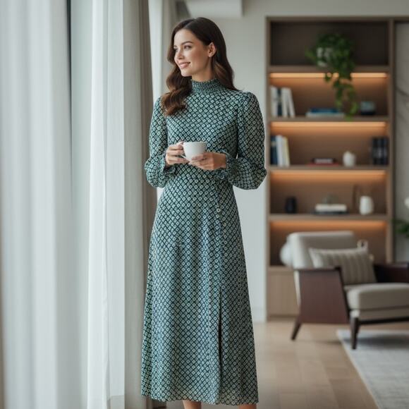 Reformation Green/Blue Long Sleeve Geometric Midi DressSize Small (US 4)